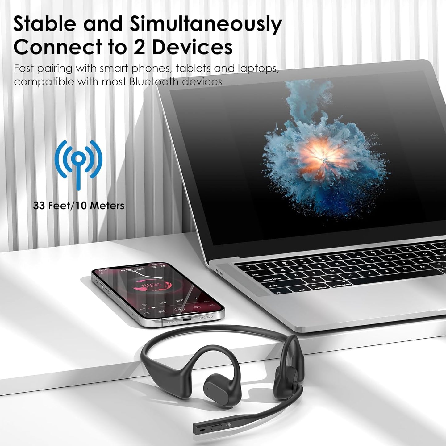 Open Ear Headphones with Mic, Bluetooth Headset with Microphone, Dual Connect Bluetooth 5.3 with AI Noise Cancelling Mic & Mute Function, Wireless Headset for Work, Sports, Drive