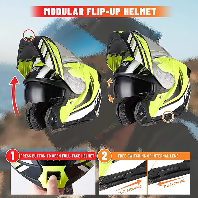 LEM Modular Motorcycle Helmets Fiberglass, Full Face Motorcycle Helmet Flip Up for Touring, DOT Certified, Release Sun Visor & Removable Comfort Liner, Lightweight Street Bike Helmet (Yellow, M)