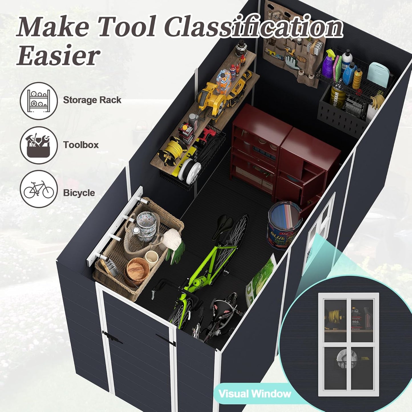 8x4 FT Outdoor Storage Resin Shed with Floor,Waterproof Plastic Garden Bike Shed with Lockable Door, Sloped Roof, Vents & Windows, Easy Assembly Tool Shed for Lawn, Backyard, Patio, Black