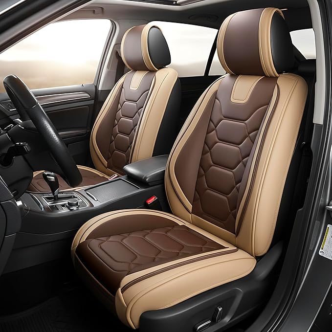 OASIS AUTO Car Seat Covers Front Seats, Waterproof Faux Leather Seat Covers for Cars Universal Fit for SUV, Truck, Sedan, Black Premium Car Seat Protector with Cushions (OS-004 Coffee)