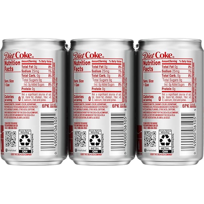 Diet Coke Soda Soft Drinks, 7.5 fl oz Cans, 6 Pack - Mini Soda Cans, Diet Cola