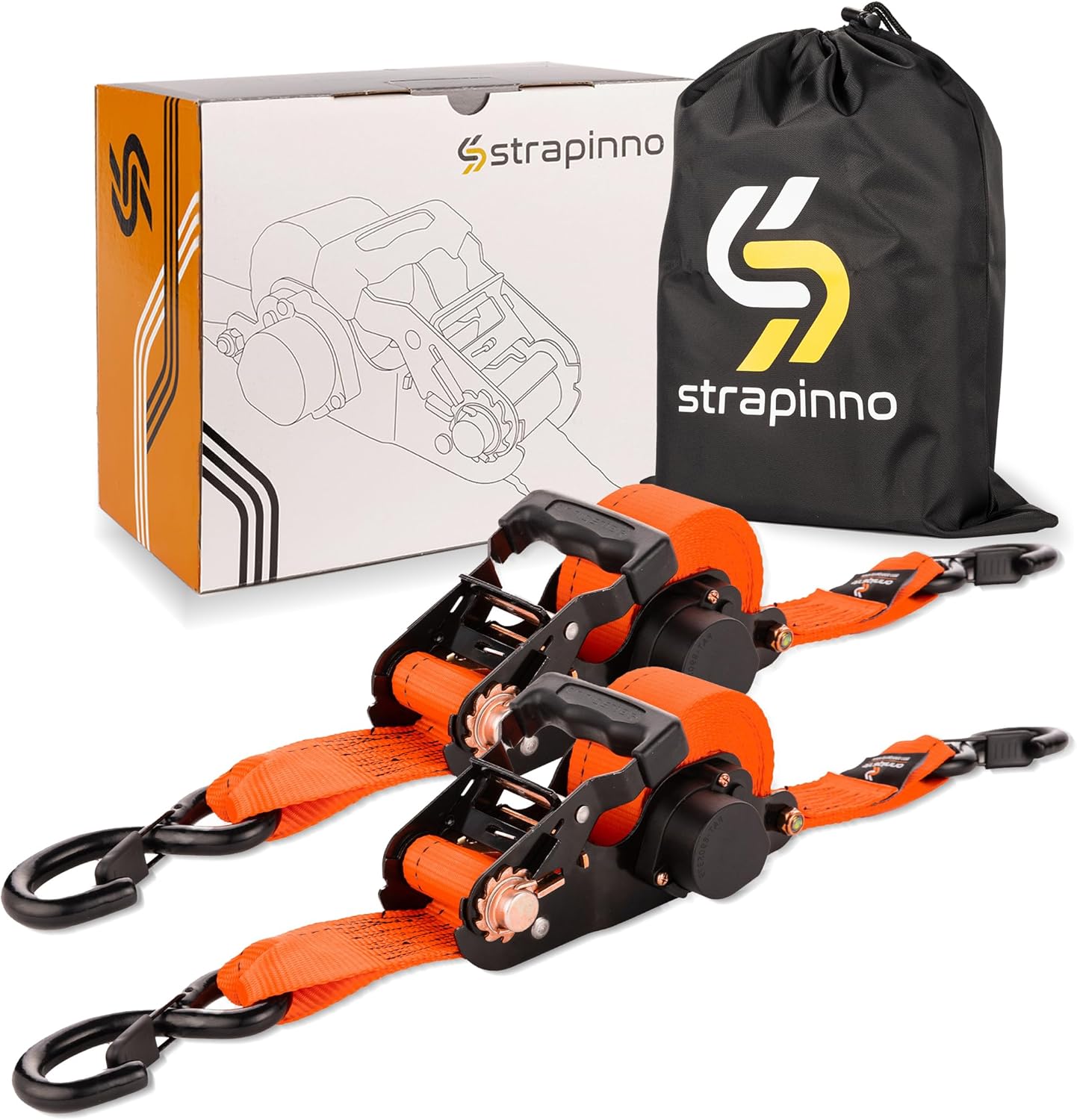 Strapinno 2PCs Retractable Ratchet Tie-Down Straps,5,000 lbs Break Strength- 2 in x 12 ft Heavy Duty Ratchet Strap with Safety Lock S Hooks for Motorcycles, ATVs, UTVs, Lawn Equipment & Cargo-Orange