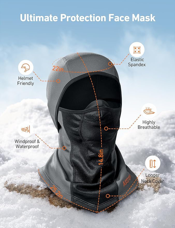 AstroAI Ski Mask Windproof Balaclava for Cold Weather, Winter Face Mask Breathable Stretchable for Skiing, Snowboarding, Gray
