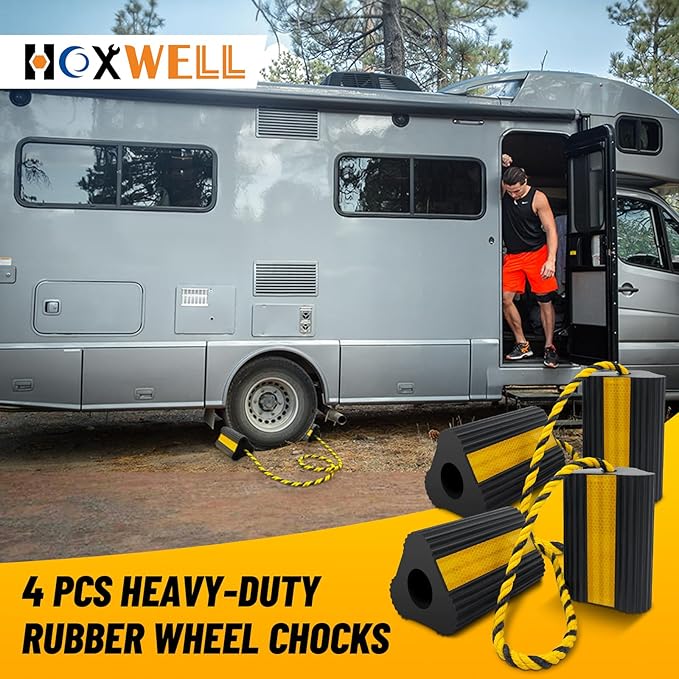 Wheel Chocks (2pair/4pack with Rope) for RV Trailer Camper Truck Car Aircraft, Versatile Heavy Duty Rubber Wheel Chocks Block with 3 Reflective Strips, Tire Wheel Immobilizers & Chocks