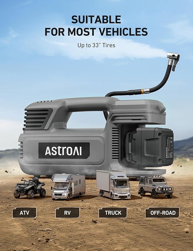 AstroAI TC4 Portable Air Compressor Tire Inflator, 470W 18V Cordless Air Pump for Truck Tires with 4000mAh Battery, 150PSI Heavy Duty Air Compressor with Digital Display for Car, RVs, SUV Gift Gray