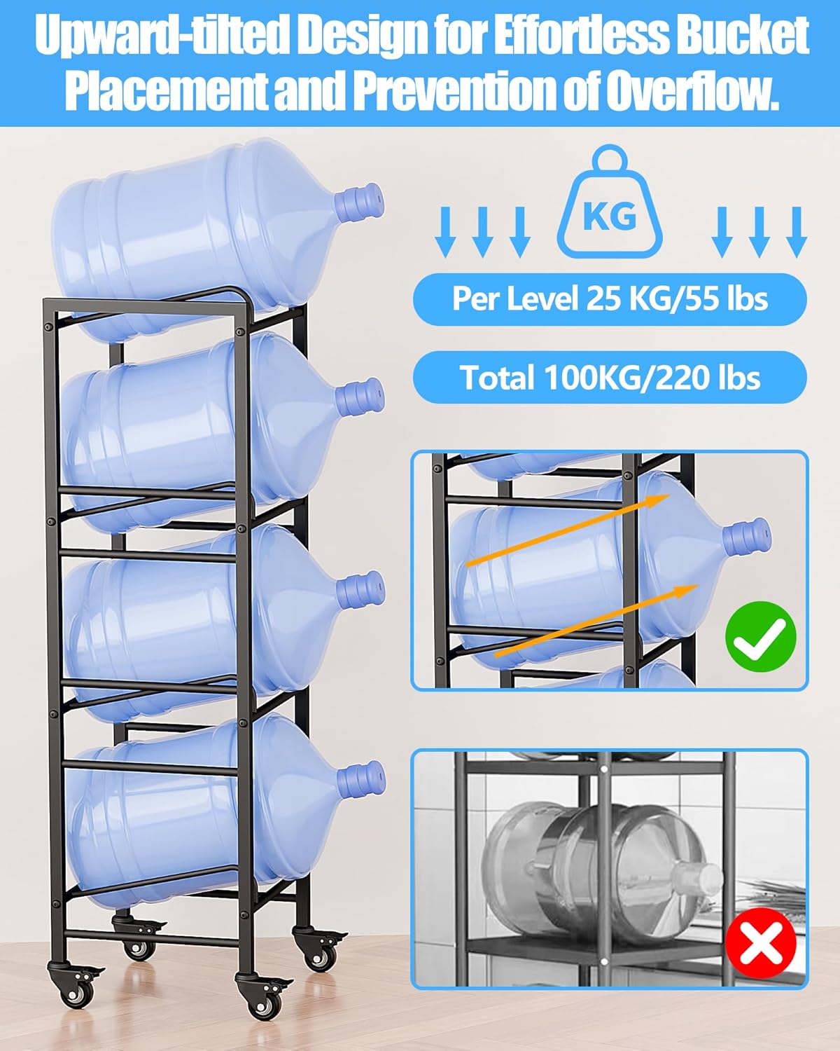 4 Tier 5 Gallon Water Rack with 4 Lockable Wheels - Water Bottle Jugs Holder Organizer with Movable Casters, Heavy Duty Water Storage Rack Dispenser Stand for Kitchen Office Garage/Black
