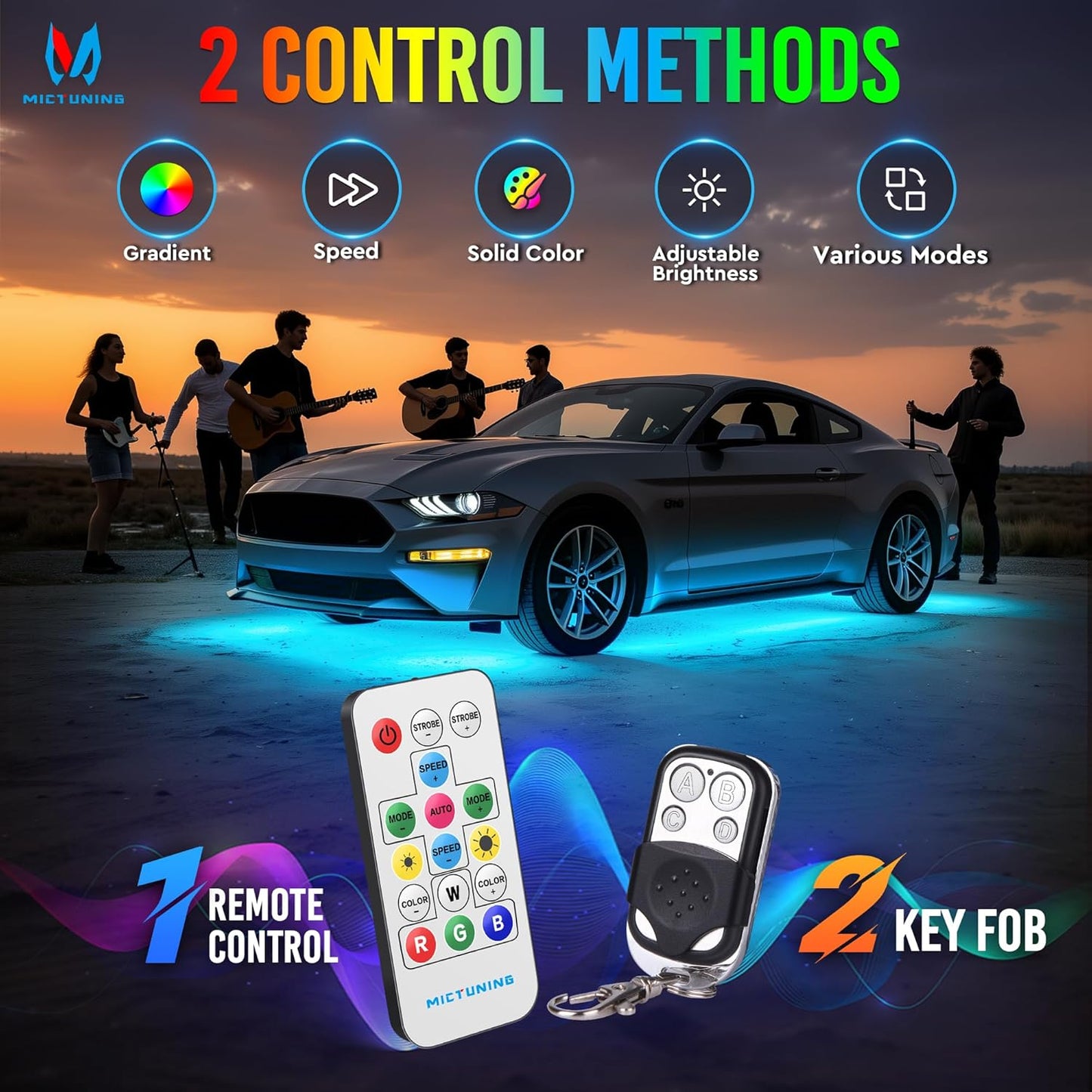 MICTUNING U8 RGBW Underglow LED Light Bars (8-Piece Kit) 888 Ultra-Bright LEDs, Dual Remotes, White+RGB Colors, IP68 Waterproof Aluminum Housing – for Cars, Trucks, SUVs, ATVs