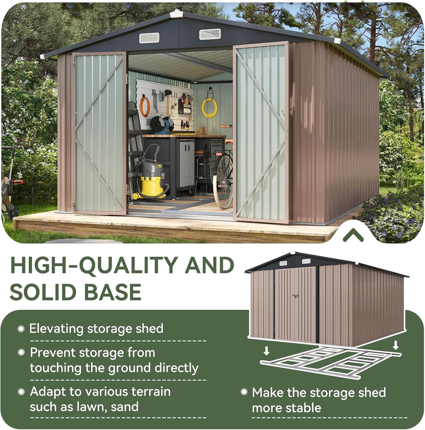 Aoxun 10 x 12FT Outdoor Storage Shed with Base Utility Garden Shed with Lockable Door & Sloped Roof Metal Sheds Outdoor Storage for Garden, Backyard, Patio and Backyard,（Brown/Base Included）