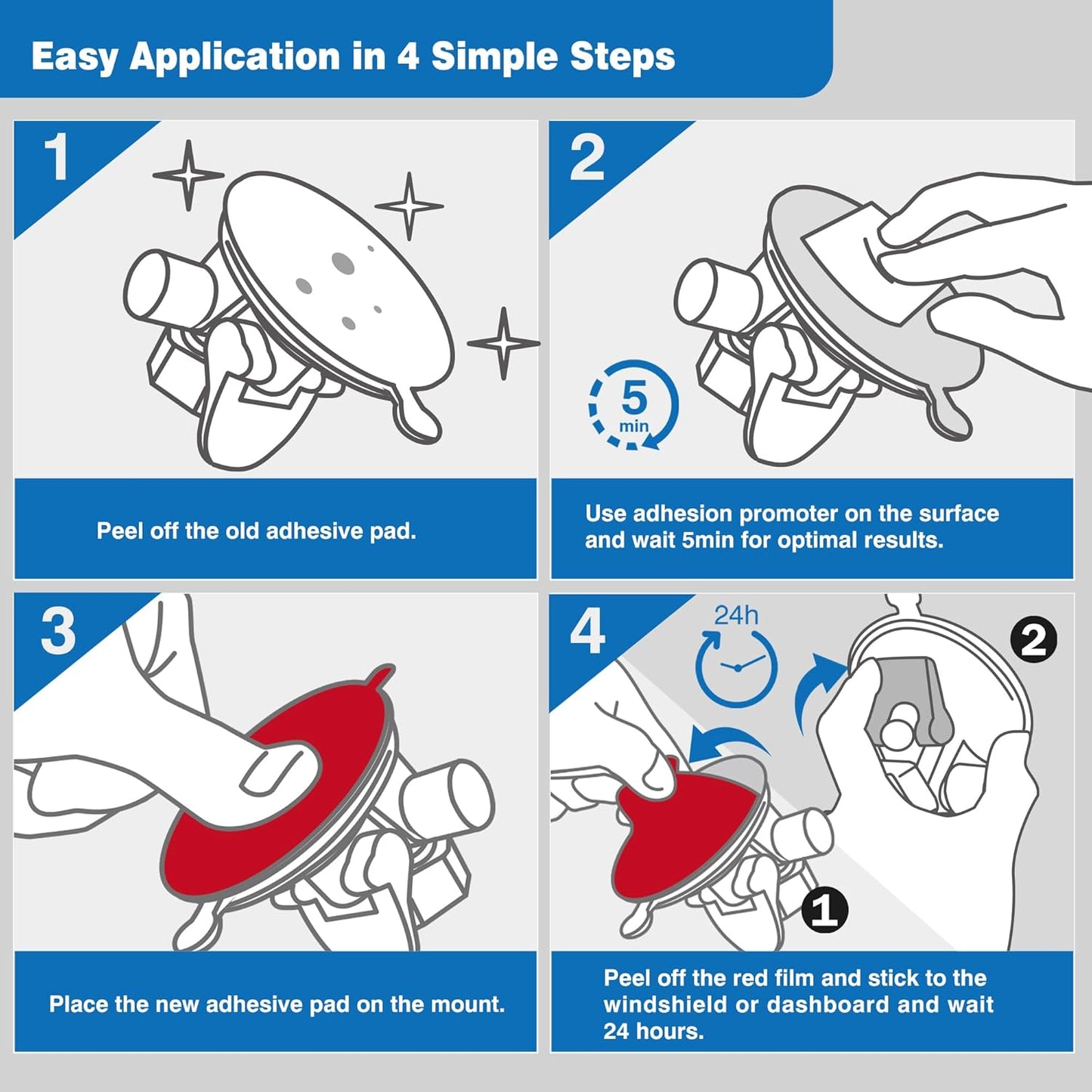 Double-Sided Adhesive Pads for Dash Cam Mount – Made with 3M VHB, 4-Pack 2.2" Round Heat-Resistant Sticky Tape for Windshield, Dashboard, GPS, and Camera Holders – Includes 4 Adhesion Promoter