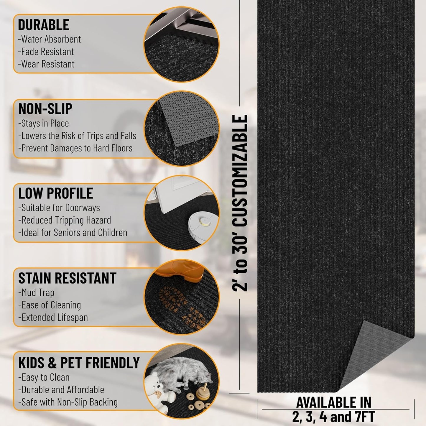 Ottomanson 6'6" x 9' Mud Mat Area Rug Scraper Carpet - Non-Slip, Dirt Trapping for Indoor & Outdoor Use - Ideal for Entryway, Garage, Kitchen, Patio & High-Traffic Areas, Black