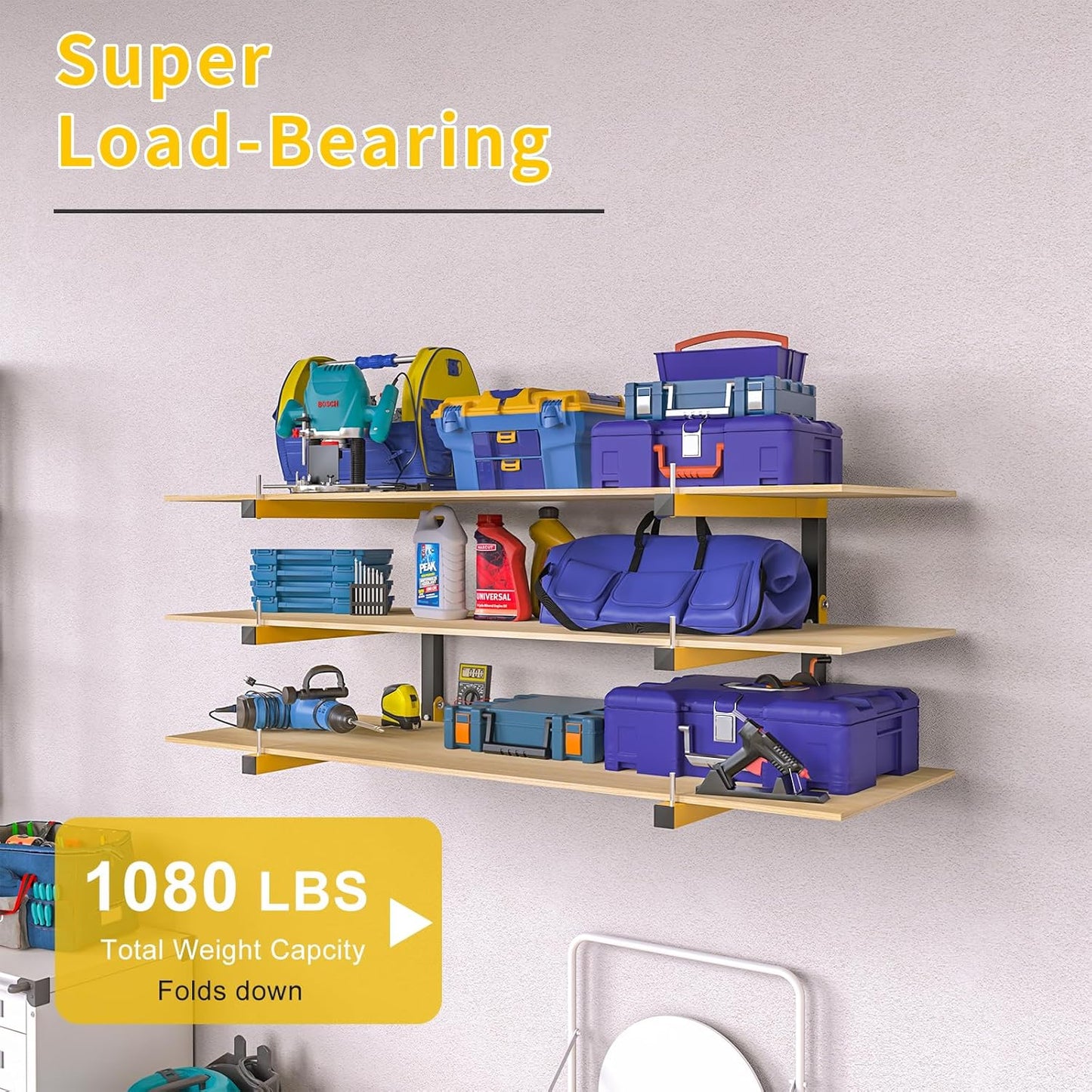 6 PACK Lumber Storage Rack Wall Mount Wood Organizer Storage Racks Heavy Duty Shelf Brackets with 9-Level System 1080 LB Sturdy Folding Garage Wall Shelving, Snowboard Rack for Indoor and Outdoor