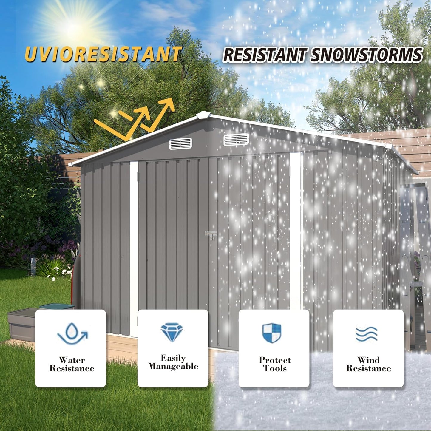 10x8x6.4FT Outdoor Storage Shed, Galvanized Steel Garden Shed with Lockable Door & Window, Waterproof Metal Tool Storage for Garden, Backyard, Patio, Lawn(Grey)