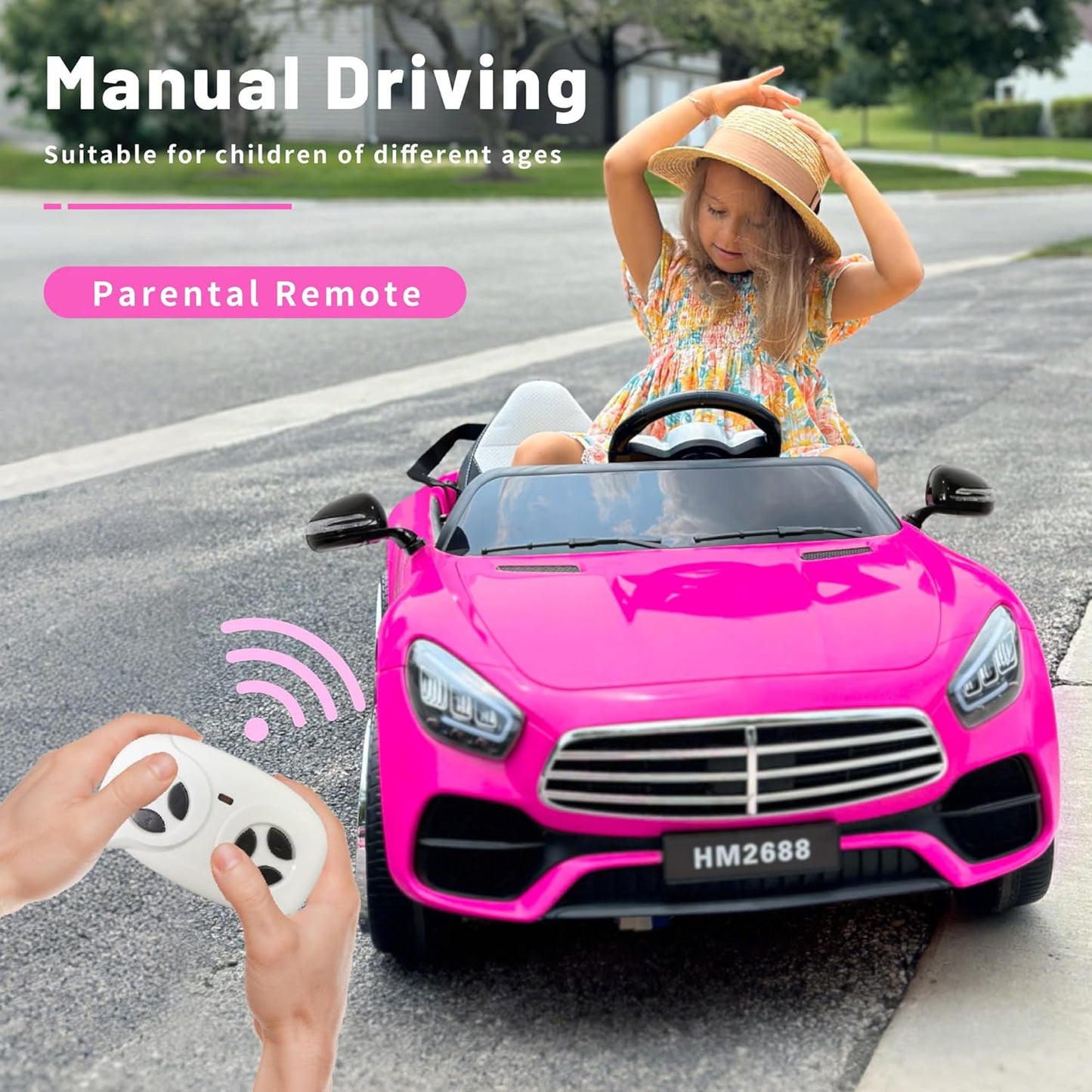 12V Ride On Car for Kids, Electric Car with Remote Control, Bluetooth Music Player for 3-8 Year Old, Pink