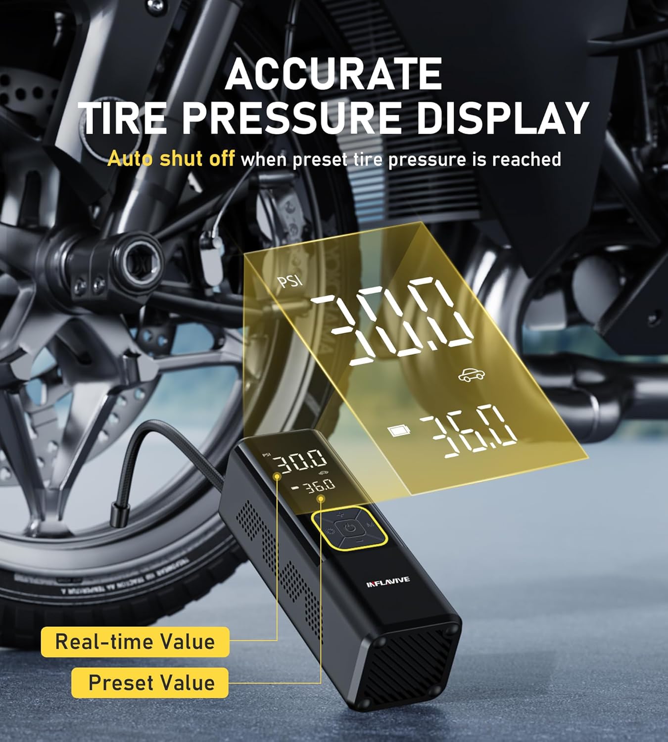 Tire Inflator Portable Air Compressor, InflaVive 3X Fast Inflate Cordless Air Pump for Car Tires with LED Light, 150PSI Portable Electric Pump with Digital Pressure Gauge, for Bike Motorcycle Car Ball