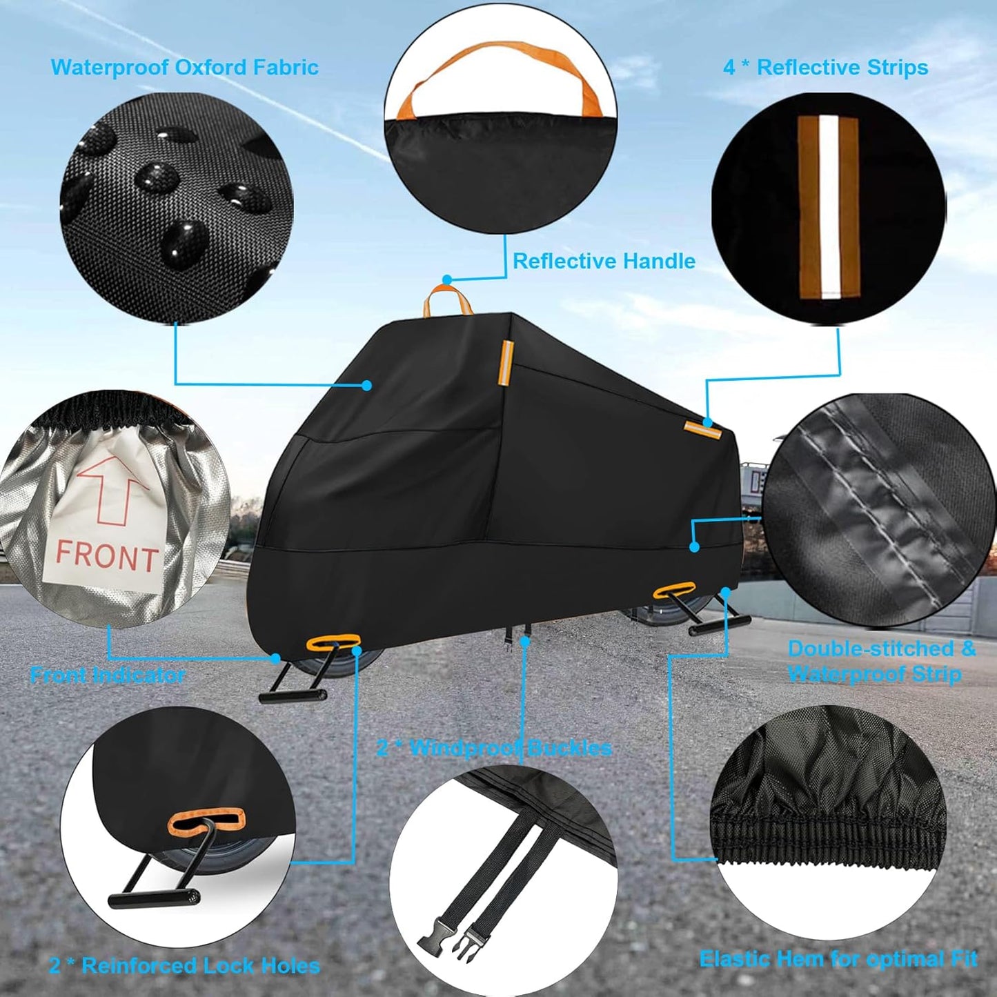 Motorcycle Cover Waterproof Outdoor, 300D Heavy Duty Motorcycle Cover for Harley Davidson Sportster 1200 883 Fat Boy 114 Street Bob, All Seasons Protection Scooter Cover Fits up to 96" - Black