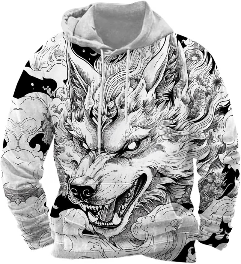 Mens Animal Print Graphic Hoodies Casual Long Sleeve Japanese Art Style Hooded Sweatshirt Lightweight Pullover Tops