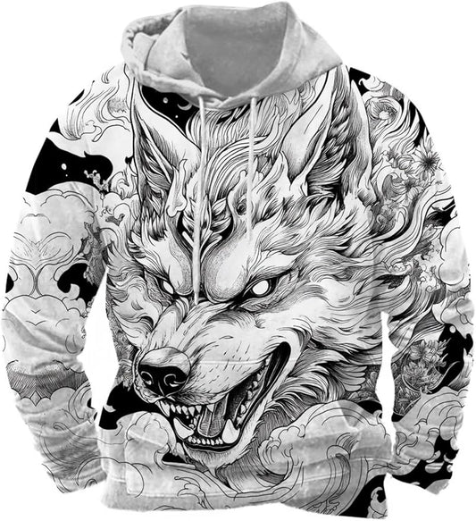 Mens Animal Print Graphic Hoodies Casual Long Sleeve Japanese Art Style Hooded Sweatshirt Lightweight Pullover Tops