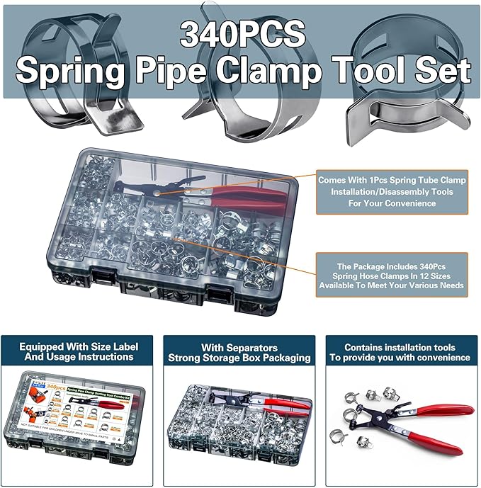 Spring Pipe Clamps340PCS, With Spring Pipe Clamp Tools, 12 Sizes 6-22mm Spring Hose Clamps, Used To Fix Hose Interfaces In Automotive, Marine, Gardening, Industrial Applications