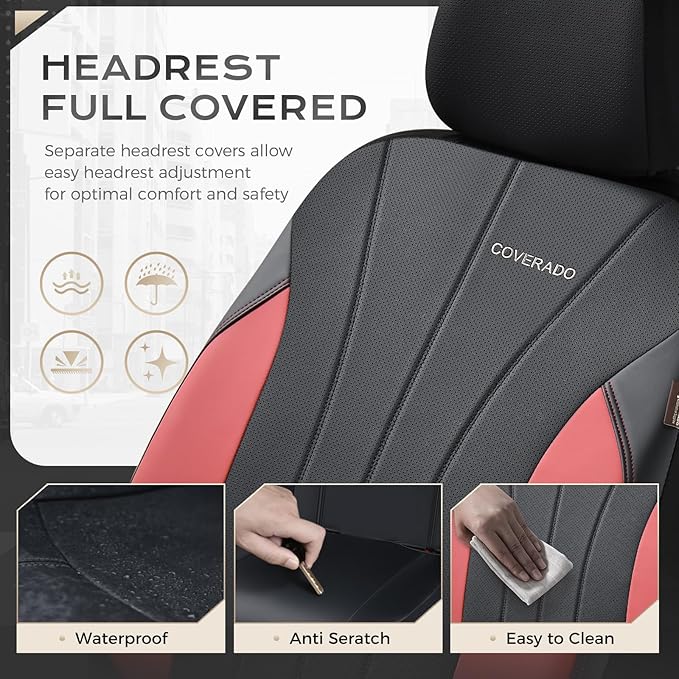 Coverado Seat Covers, Red Car Seat Covers Full Set, Automotive Seat Covers 5 Seats, Waterproof Black Car Seat Protectors Universal Fit for SUVs Trucks Sedans