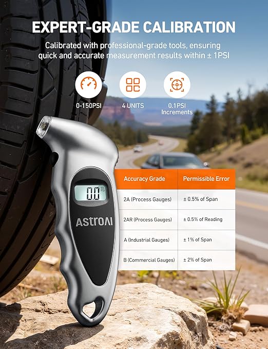 AstroAI Digital Tire Pressure Gauge 0-150PSI, Accurate in 0.1 Increments, Tire Gauge with Backlit LCD and Presta Valve Adaptor, 4 Units of Measurement for Car Truck Bicycle, Sliver