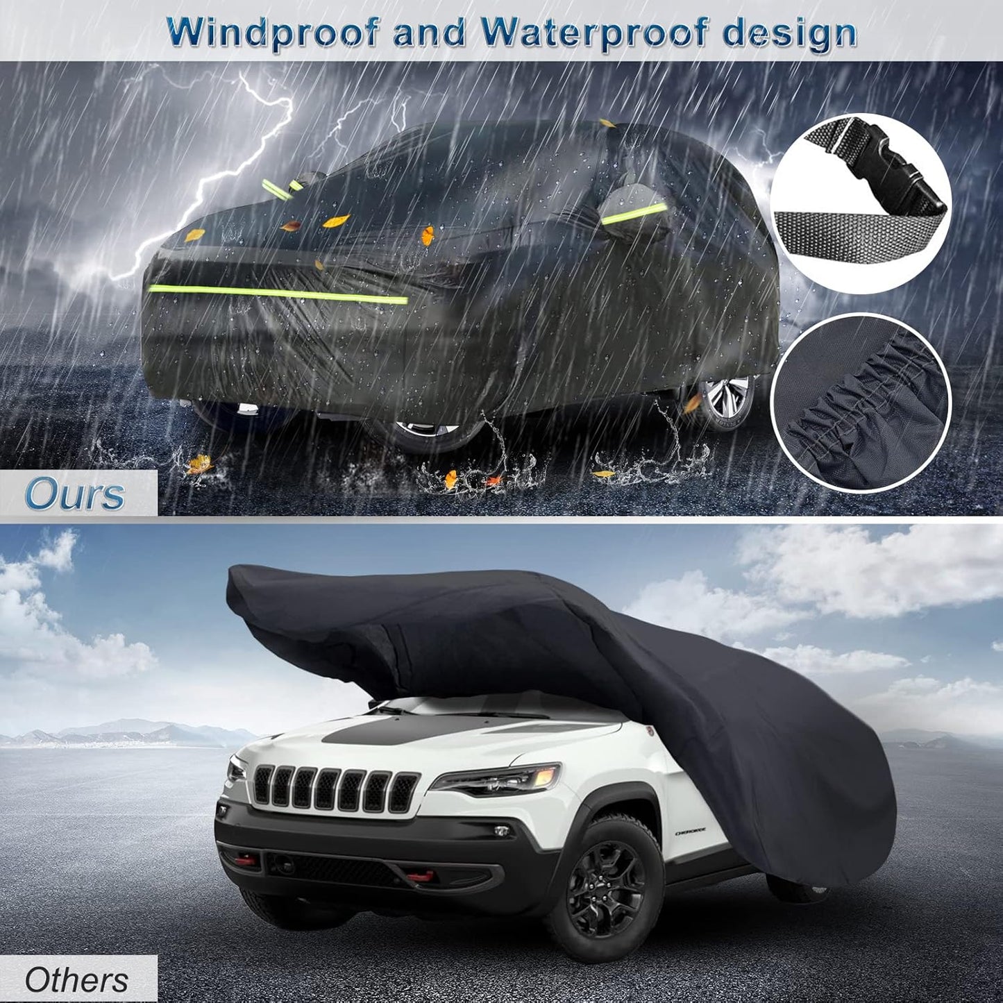 Full Car Cover for Jeep Grand Cherokee All Weather Waterproof Windproof 6 Layer Full SUV Car Covers Custom Fit for 2011-2025 Jeep Grand Cherokee WK2 with Door Zipper and Storage Bag (Up to 193” L)