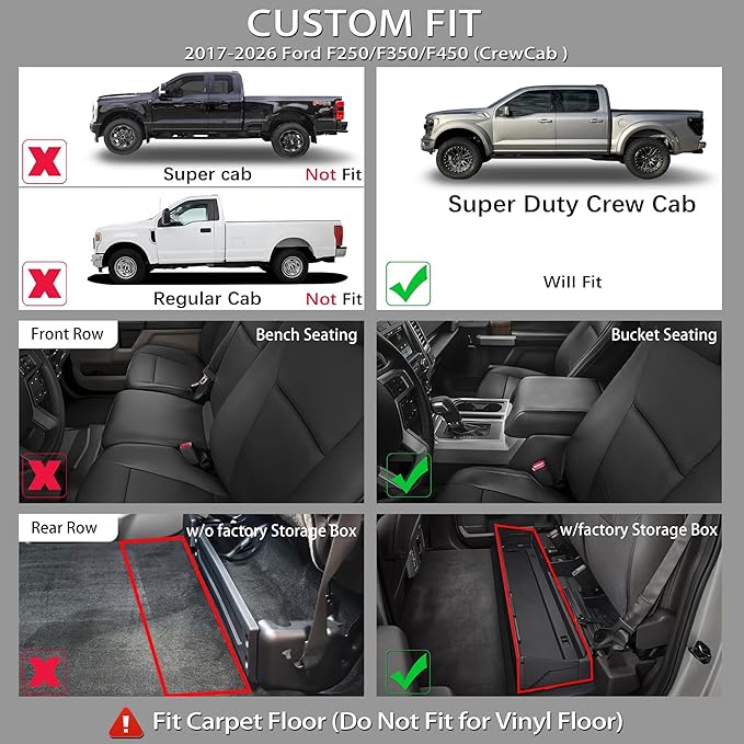 KARPAL Floor Mats Fit 2017-2025 Ford F250/F350/F450 SuperDuty CrewCab (2nd Row with Fold Flat Storage) All Weather TPE Custom Fit F-250 Accessories Upgraded Floor Liners (Not for Vinyl Floor)