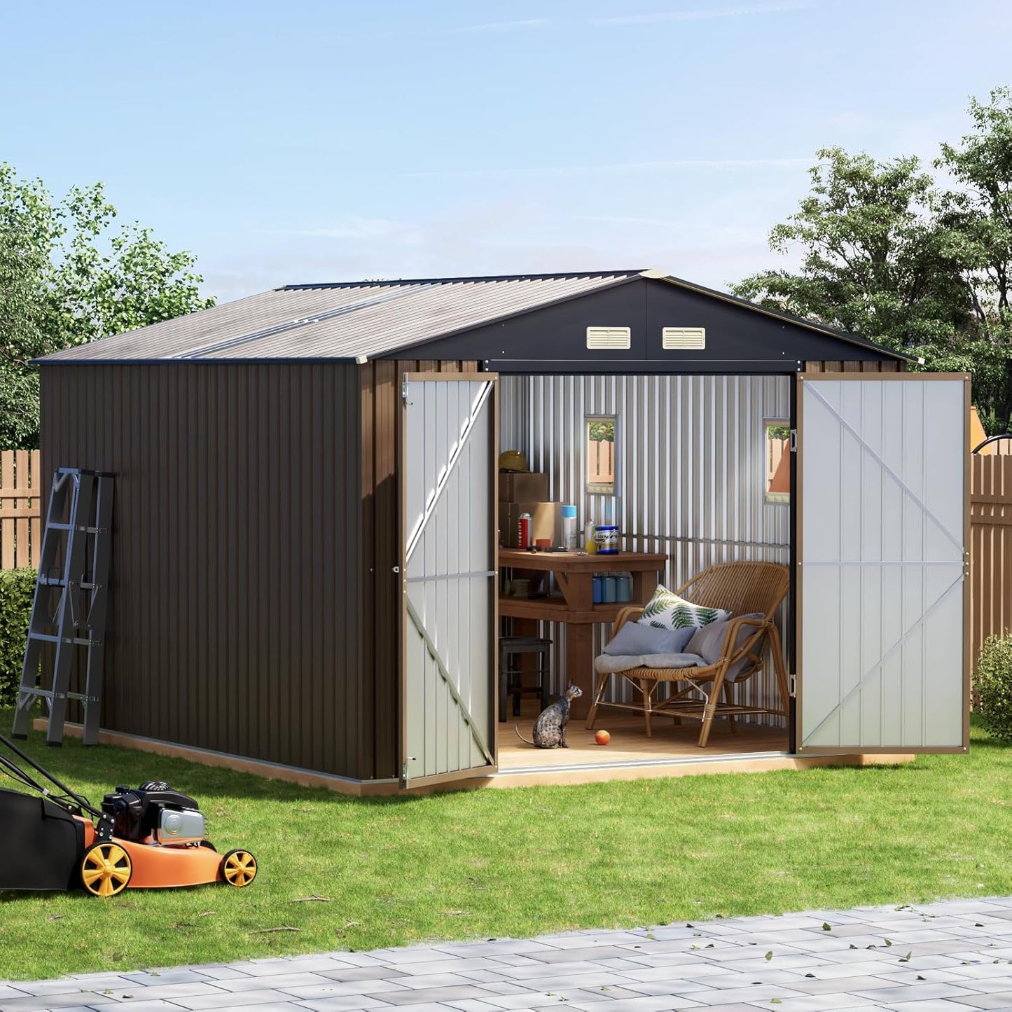 10x12 FT Outdoor Metal Storage Shed, Double Swing Doors, 2 Clear Windows, Replaceable Skylight Roof Panel, Tool Shed for Garden, Patio, Backyard Brown