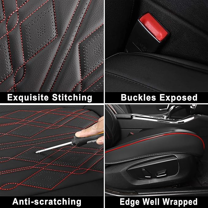 Huidasource Car Seat Covers Full Set, Leather Vehicle Cushion Covers, Universal Fit for Most Car Sedan SUV Pickup Truck, Fit for Acura Honda City Nissan Altima Mazda Hyundai (Full Set/Black&Red)