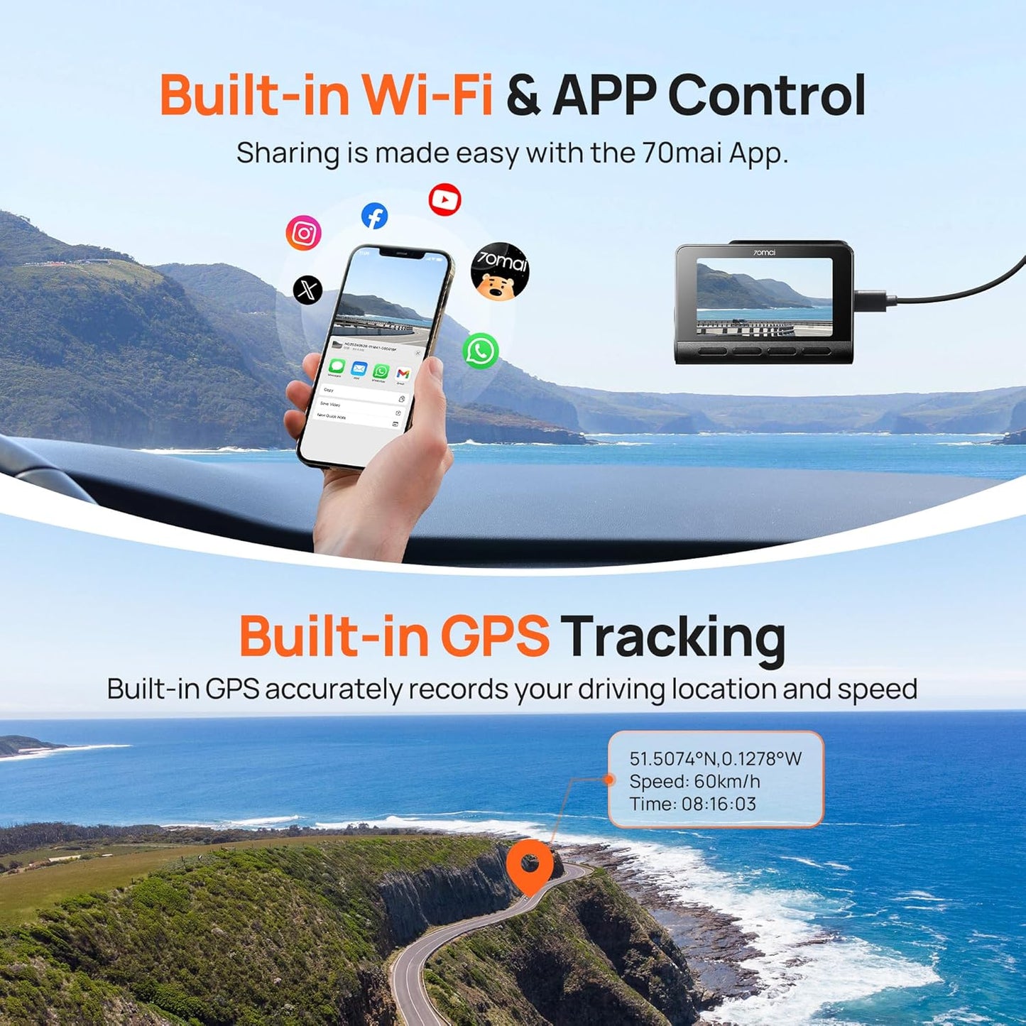 70mai 4K Dash Cam Front and Rear with STARVIS, Built in 5GHz WiFi & GPS Car Camera, Super Night Vision, ADAS, 3'' IPS Screen, 24H Parking Mode, Time-Lapse, Loop Recording, with 128GB Card (A800S)