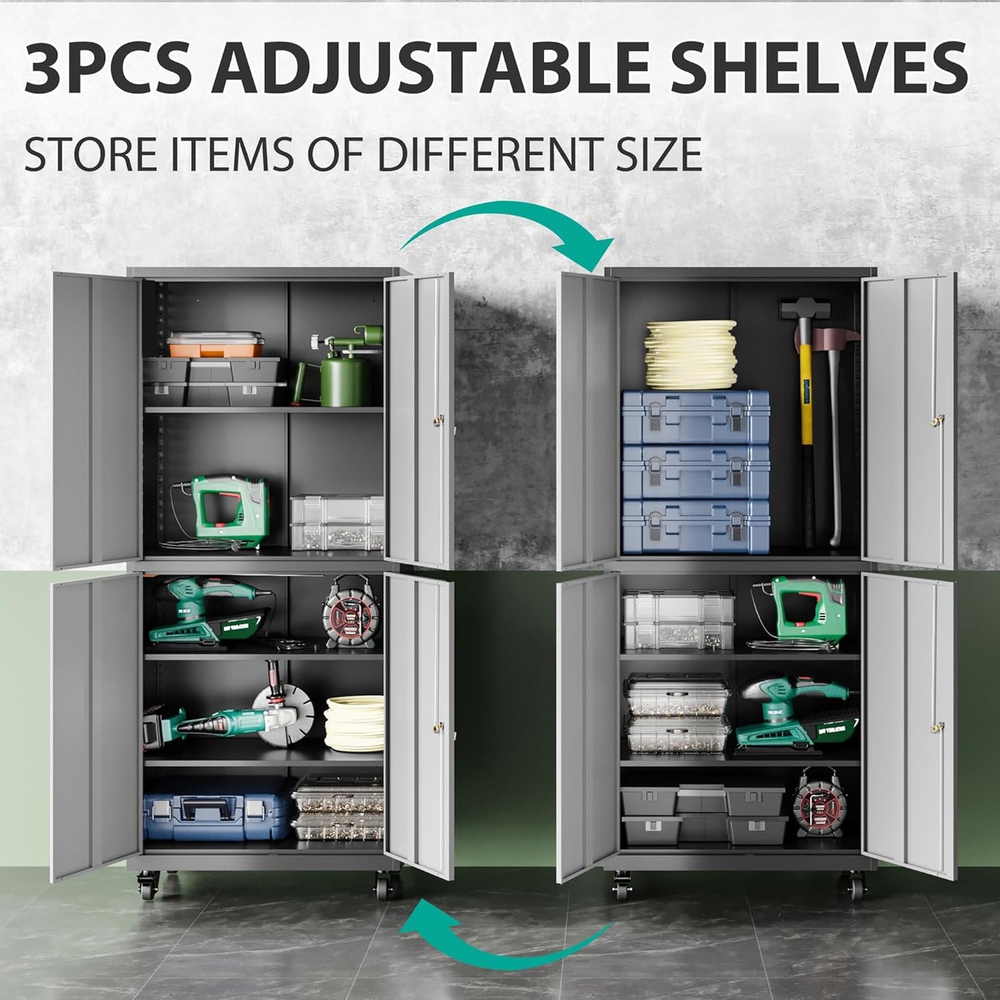 Metal Storage Cabinet with Wheels,Rolling Garage Storage Cabinet with Lock,Gray Lockable Metal Cabinets with Shelves,Tall Tool Cabinets on Wheels for Garage,Home,Office,Shop