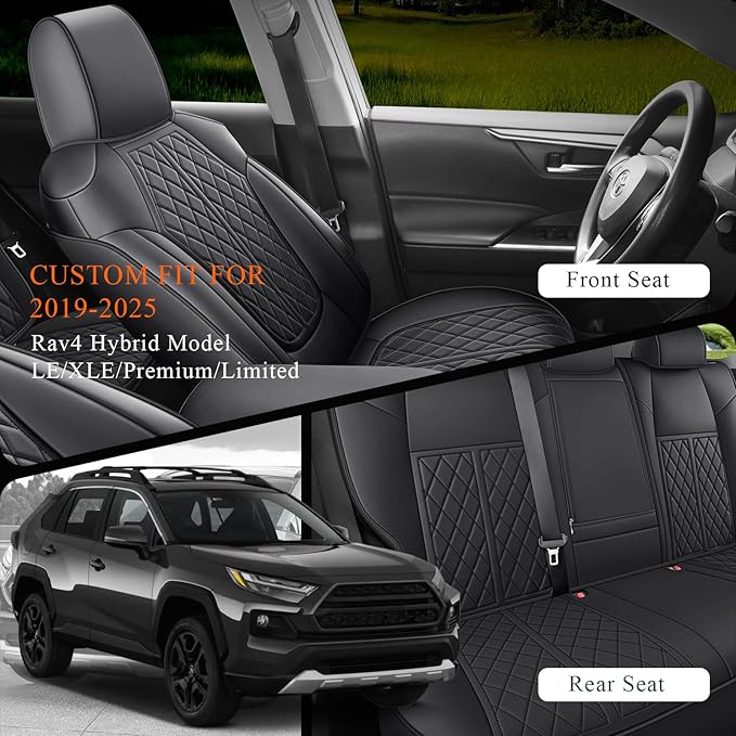 Rav4 Seat Covers Custom Fit for Toyota Rav4 Full Set Faux Leather Car Seat Covers Waterproof Full Coverage (Black, Hybrid Model 2019-2025 LE/XLE/Premium/Limited)