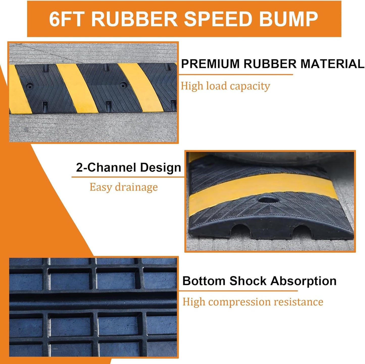 Orangestar 6Ft Rubber Speed Bump, 2 Channel Heavy Duty Speed Hump Cable Protector Ramp with 8 Bolts for Asphalt Concrete Driveway Gravel 72x11.8x1.8 inch(L x W x H) 1-Pack