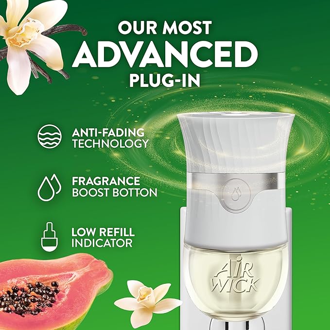 Air Wick Plug In Scented Oil Starter Kit, 2 Warmers + 6 Refills, Vanilla & Pink Papaya, Essential Oils, Air Freshener