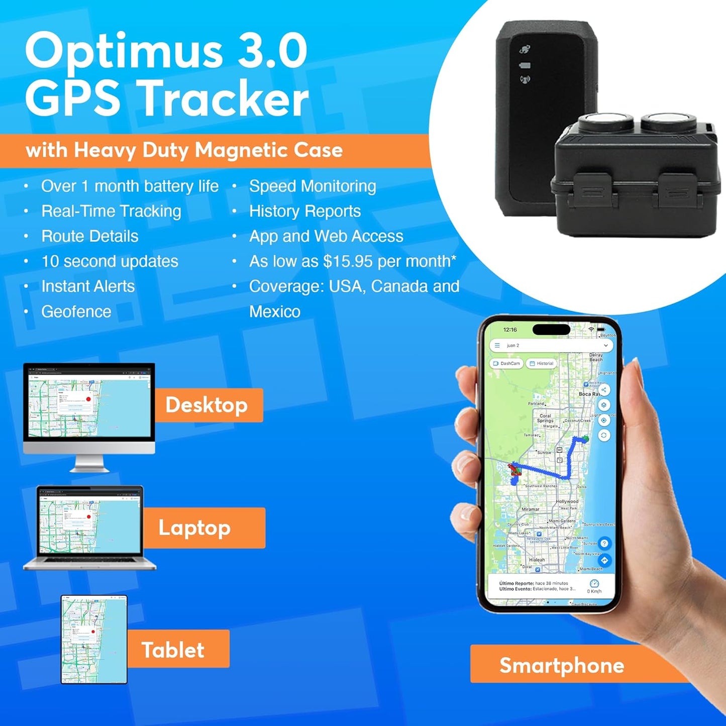 Optimus 3.0 GPS Tracker - Over 1 Month Battery - with Heavy Duty Waterproof Case and Powerful Magnets for Vehicles and Assets