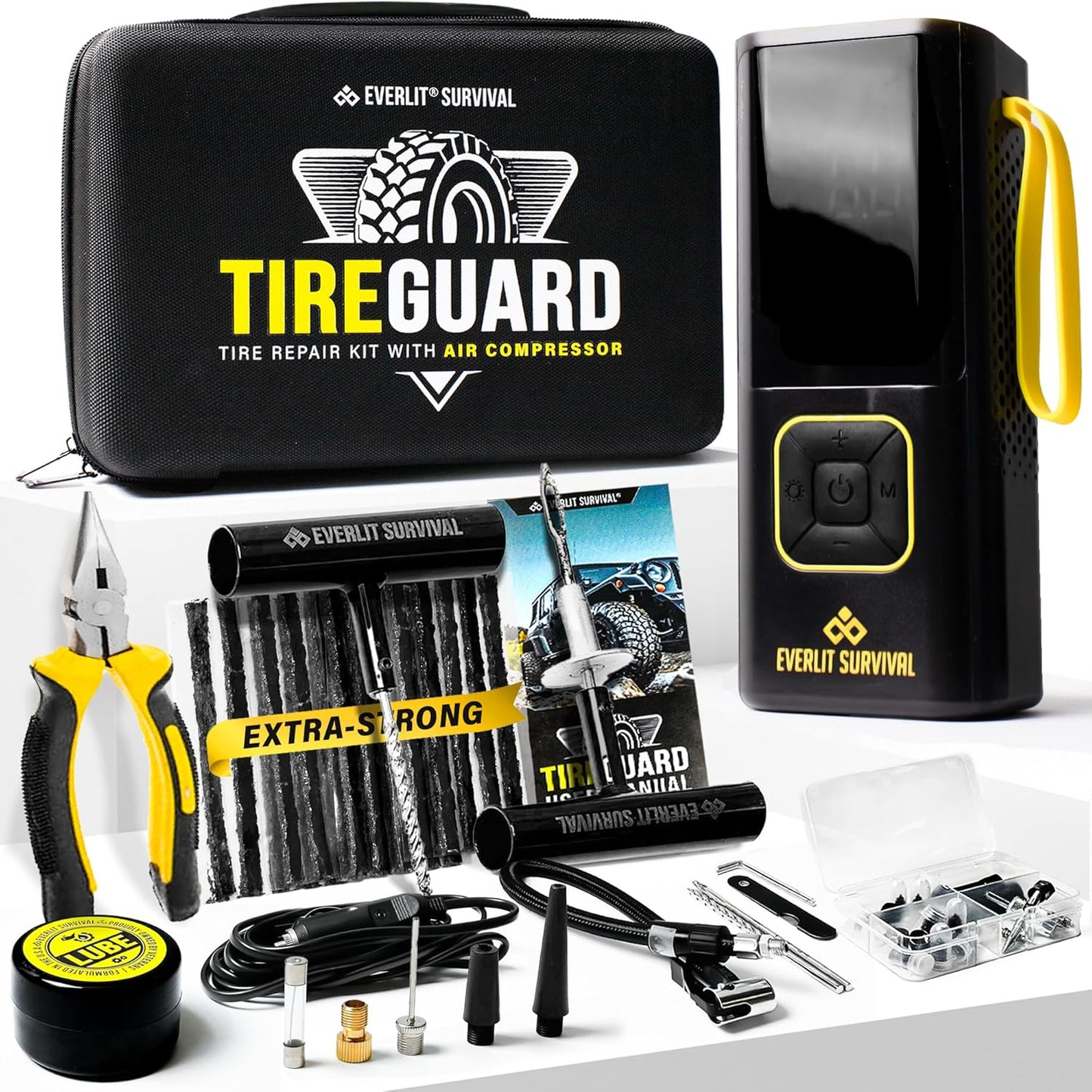 Tire Repair Kit with Air Compressor Car Emergency Kit with Universal Tire Plugs Repair Nails To Fix Punctures Roadside Assistance for Car Truck SUV Motorcycle ATV Tractor Trailer.