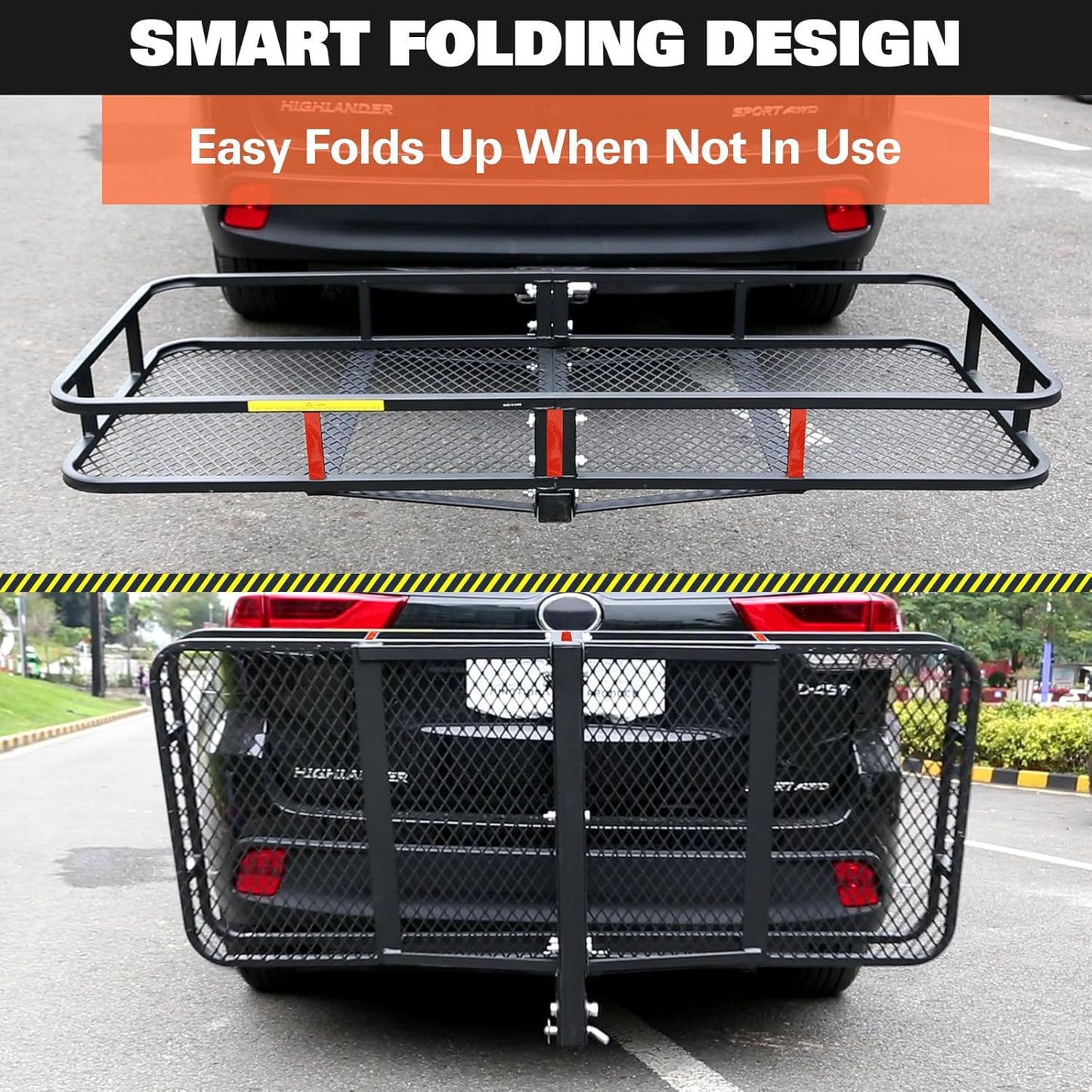 WEIZE Folding Hitch Mount Cargo Carrier Basket 60" x 20" x 6" with Waterproof Bag, Net, Strap, 2-Inch Folding Shank, 500 lbs Capacity Hitch Rack, Steel Construction