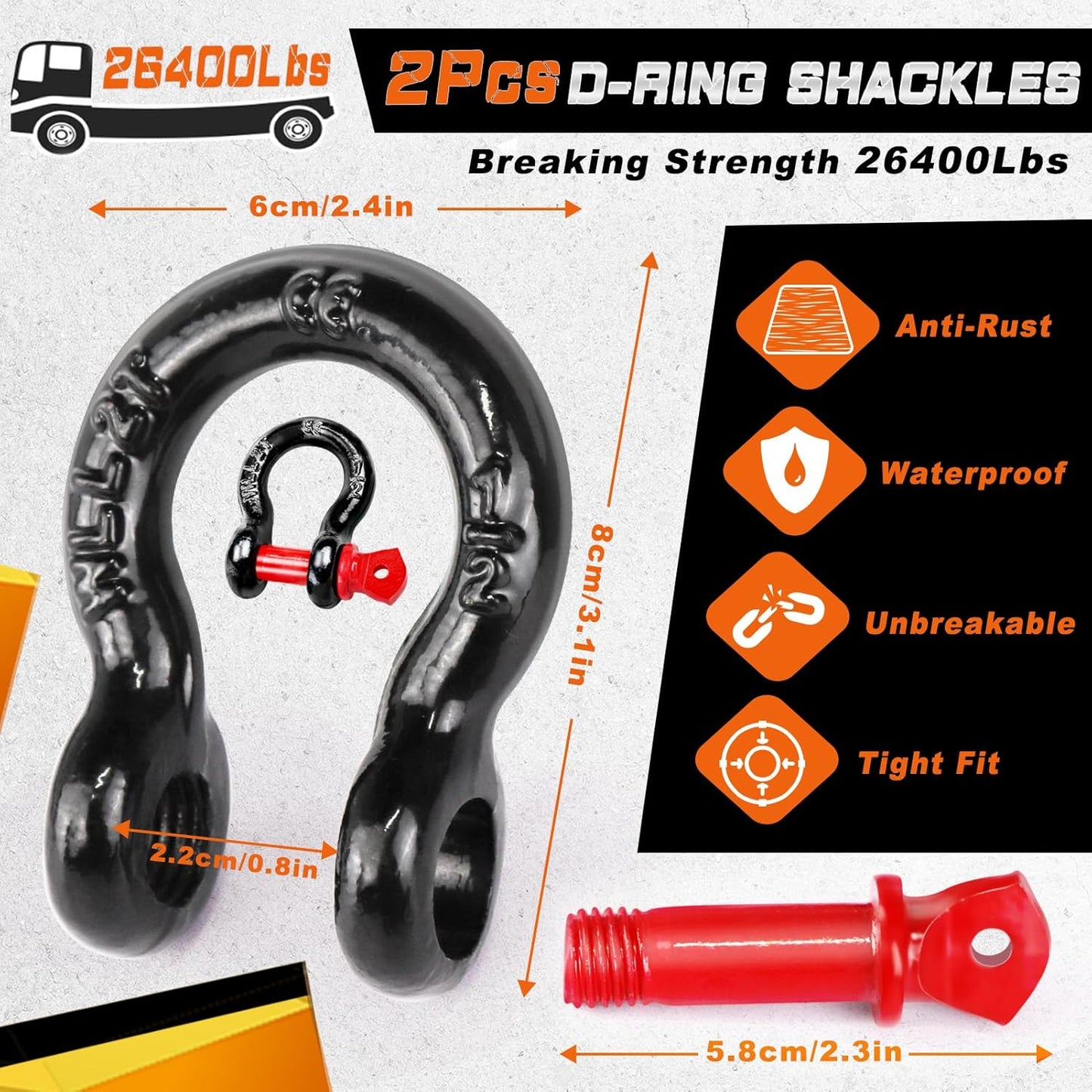 MAIKEHIGH Tow Strap Heavy Duty with Hooks, 2"×16ft 22,000Lbs Tow Rope with D-Ring Shackles (2pcs) + Protective Gloves (2pcs), Emergency Recovery Strap for Car Truck SUV ATV (Orange)