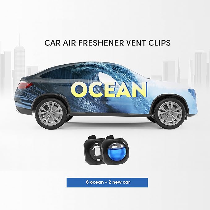 Car Air Freshener Vent Clips, 8 PK, 6 Ocean, 2 New Car Scent, Long Lasting Air Fresheners for Men & Women, Up to 240 Days, Odor Eliminator