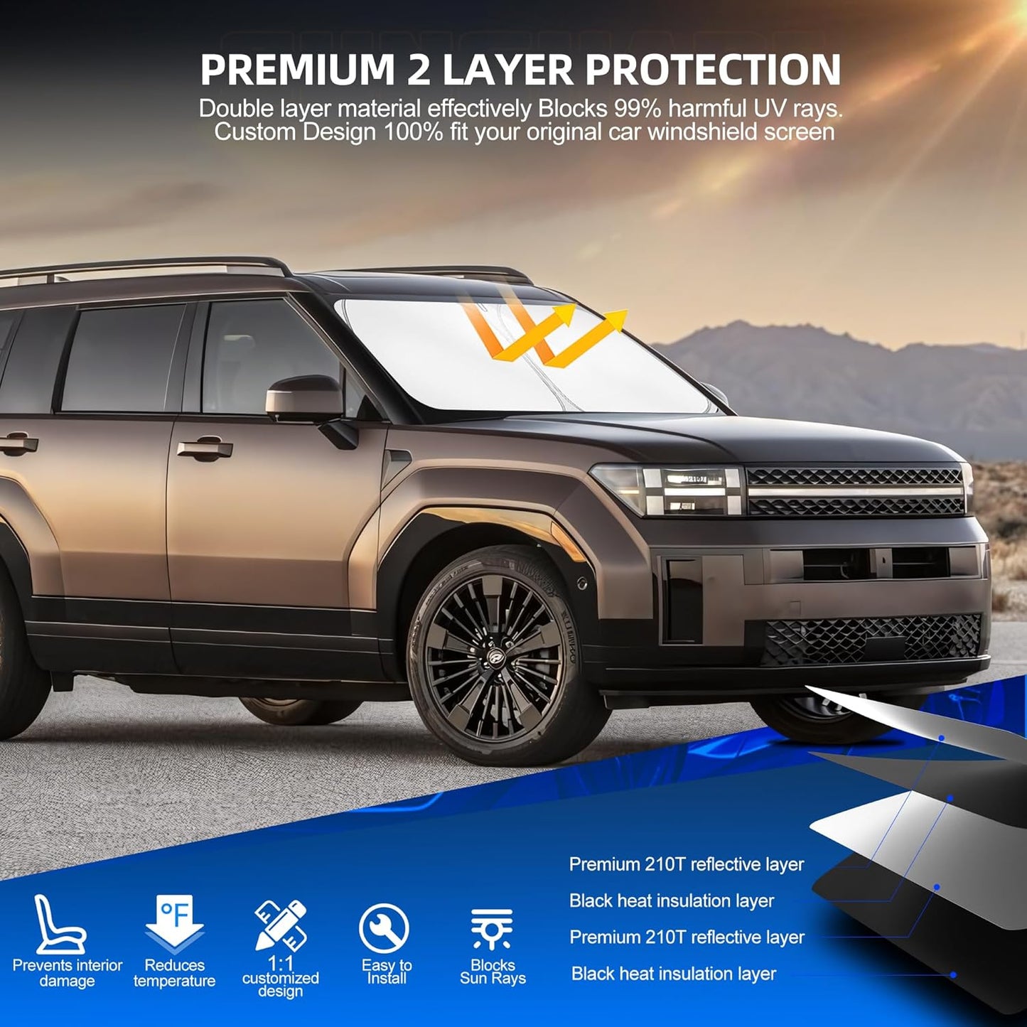 Windshield Sun Shade for H-yund-ai Santa Fe 2019-2025 2026 Foldable Sunshade Custom Fit Front Window Car Interior Accessories Protector Blocks UV Rays