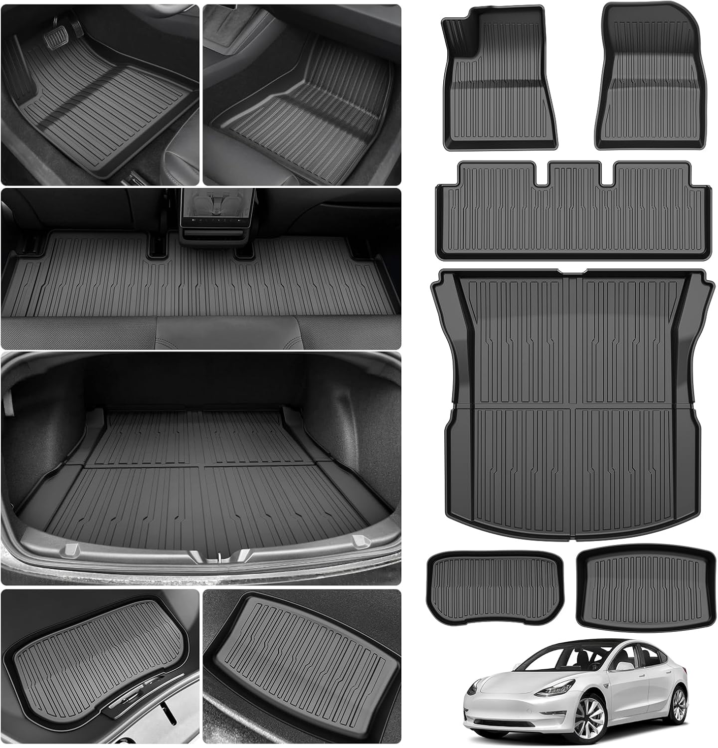 Powerty Floor Mats & Cargo Liner for 2024 2025 Tesla Model 3 Highland Accessories Cargo Mat& Front Storage Mat& Rear Storage Mat All Weather TPE 3D Floor Liners 2 Row Liner Set(6 PCS)