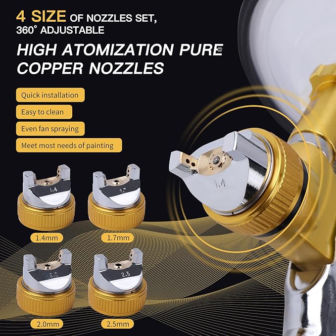 HVLP Spray Gun with 10Pcs 600ML Disposable Paint Cups, 4 Nozzles,1.4/1.7/2.0/2.5mm, Automotive Gravity Feed Paint Spray Gun Kit with Air Compressor Regulator for Auto (Gold)