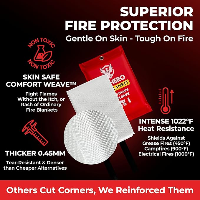 Emergency Fire Blanket – 1 Pack, Triple Certified, Comfort Weave Skin-Safe Fiberglass, Fire Blanket for Kitchen, Home & Camping | Fast Deployment, Mess-Free, Trusted Protection