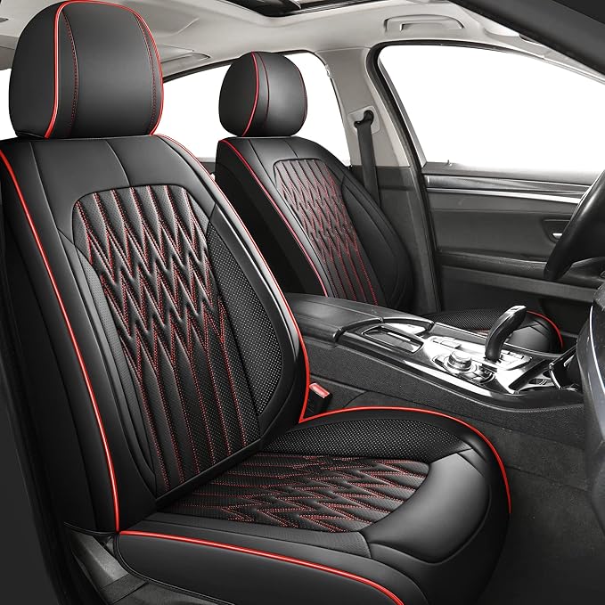 Huidasource Car Seat Covers, Waterproof Leather Vehicle Cushion Covers, Universal Fit Most Car Sedan SUV Pickup Truck, Fit for Jeep Acura Honda Civic Nissan Mazda Dodge Buick (Full Set/Black&Red)