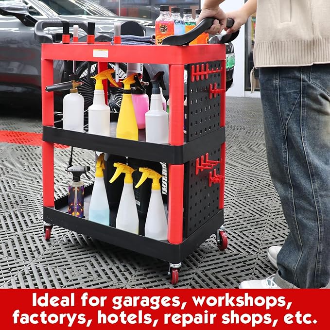 Auto Detailing Cart with Wheels, 3 Tier Car Detailing Cart with Hanging Boards & Hooks, Car Wash Organizer for Garage Workshop DIY Home
