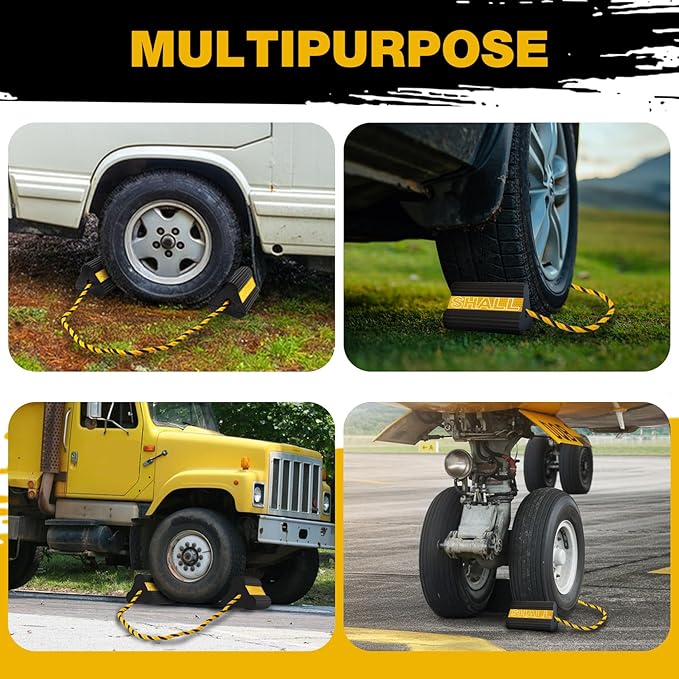 SHALL Wheel Chocks, Heavy Duty Rubber Wheel Chocks with 3 Reflective Strips, Solid Block Stopper for RV Trailer Camper Truck Car Aircraft, 2 Pair/4 Pack with Rope, Yellow