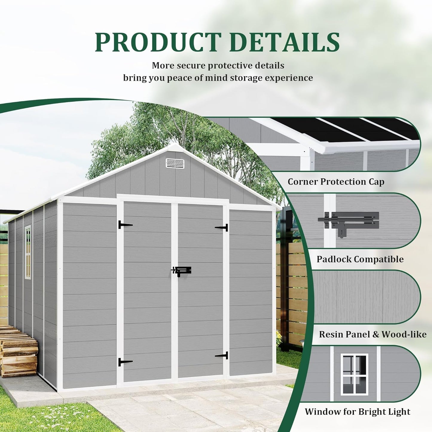 MyVoice 8x8 FT Outdoor Resin Storage Shed with HD Window, Rustproof Waterproof Garden Tool Shed, 12mm Thickened PP Panels, Large Capacity Outdoor Utility House for Backyard Patio (with Floor)