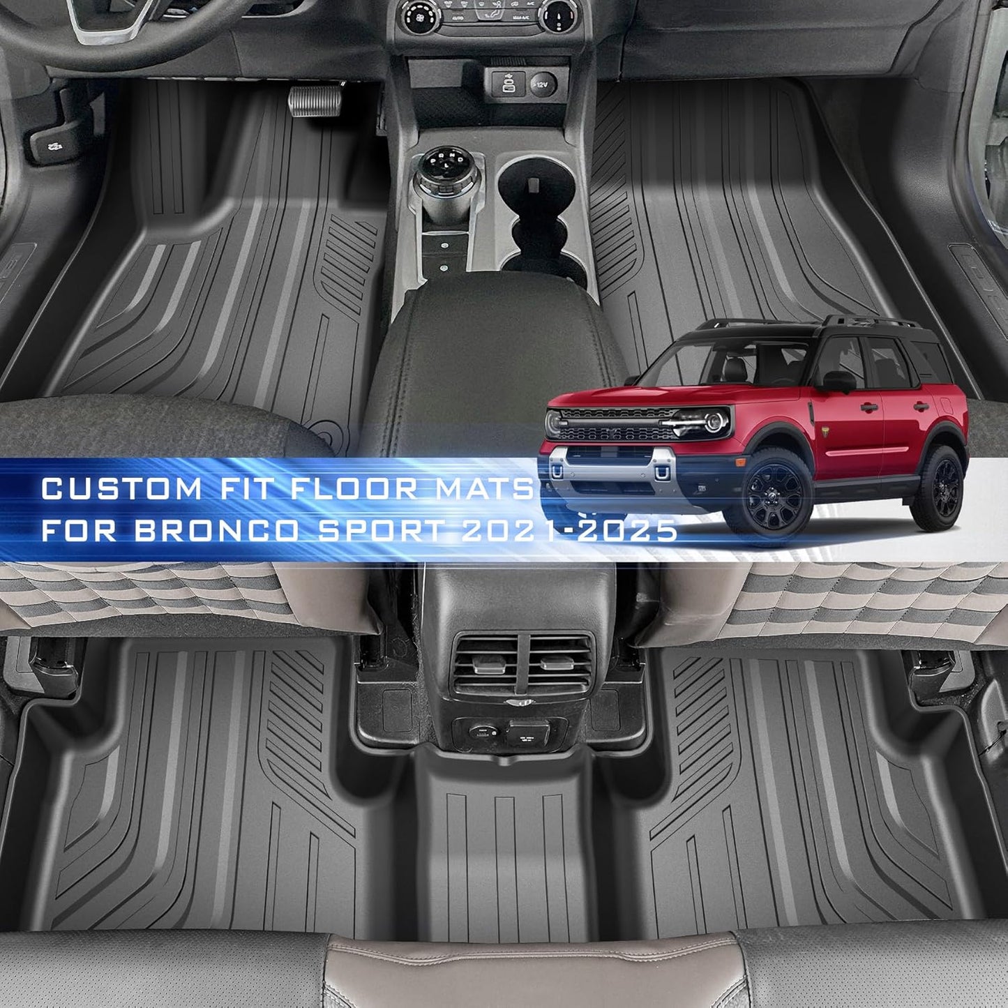 Car Floor Mats for Ford Bronco Sport 2021 2022 2023 2024 2025 Accessories,TPE All Weather Protection Floor Mats,Custom Fit 1st&2nd Row Car Floor Liners Set(Not for Bronco & Rubberized Floor)