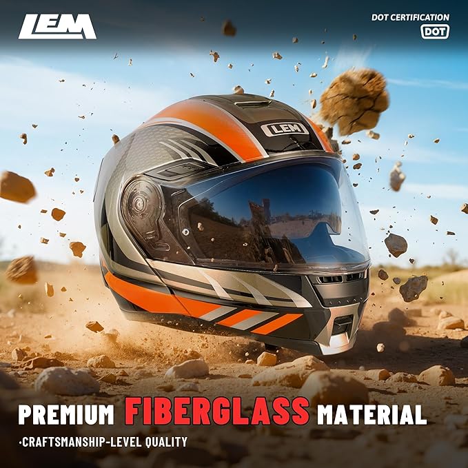LEM Modular Motorcycle Helmets Fiberglass, Full Face Motorcycle Helmet Flip Up for Touring, DOT Certified, Release Sun Visor & Removable Comfort Liner, Lightweight Street Bike Helmet (Orange, XL)