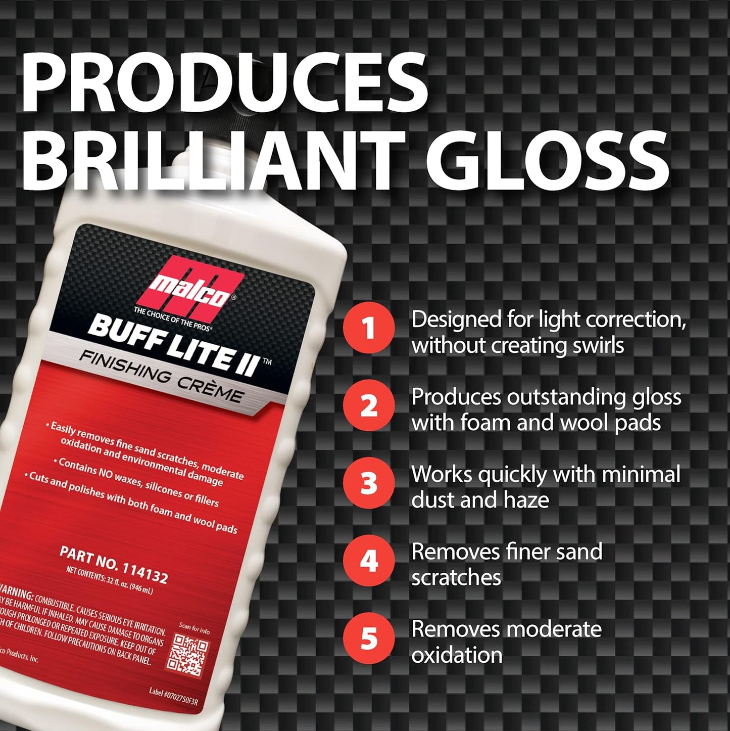 Malco Buff Lite II Finishing Crème – One-Step Professional Cutting, Polishing and Finishing Compound/Removes Brush Marks, Car Wash Scratches, and Snow Brush Scratches / 32 Oz. (114132)