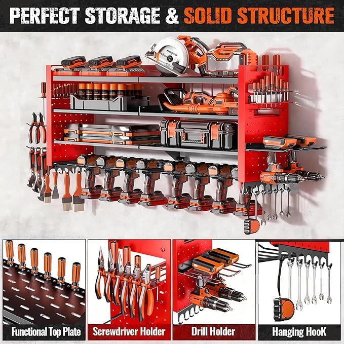 33" W Power Tool Organizer Wall Mount,4-Layer Heavy Duty Tool Storage with 10 Cordless Drill Holder,300 lb Capacity Garage Organization for Garage and Workshop,Red
